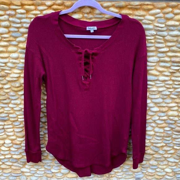 Splendid Waffle Weave Cranberry Lace Up Long Sleeve Top. Size medium. EUC! - Picture 1 of 5